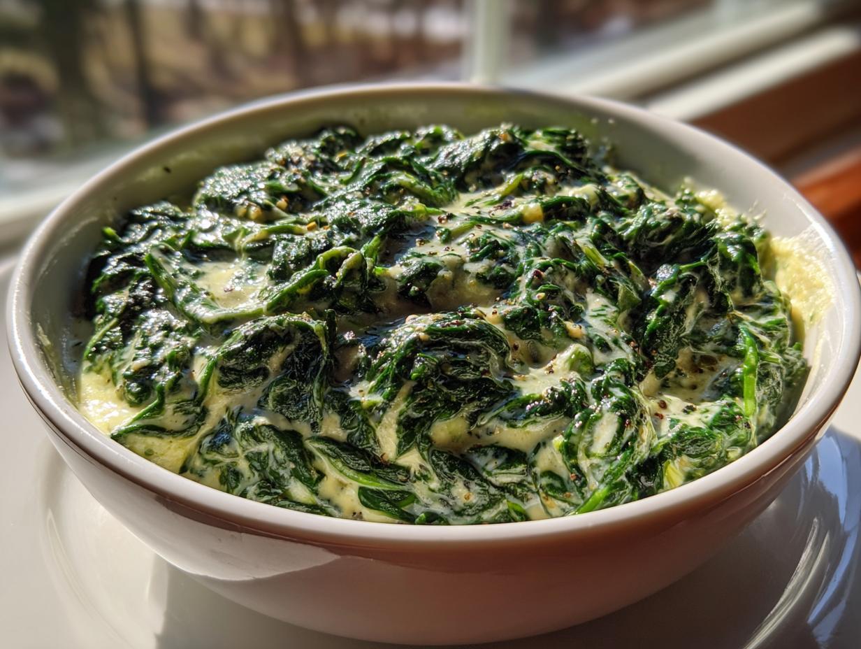 Close-up of a white bowl filled with rich, dark green creamed spinach, seasoned with pepper.