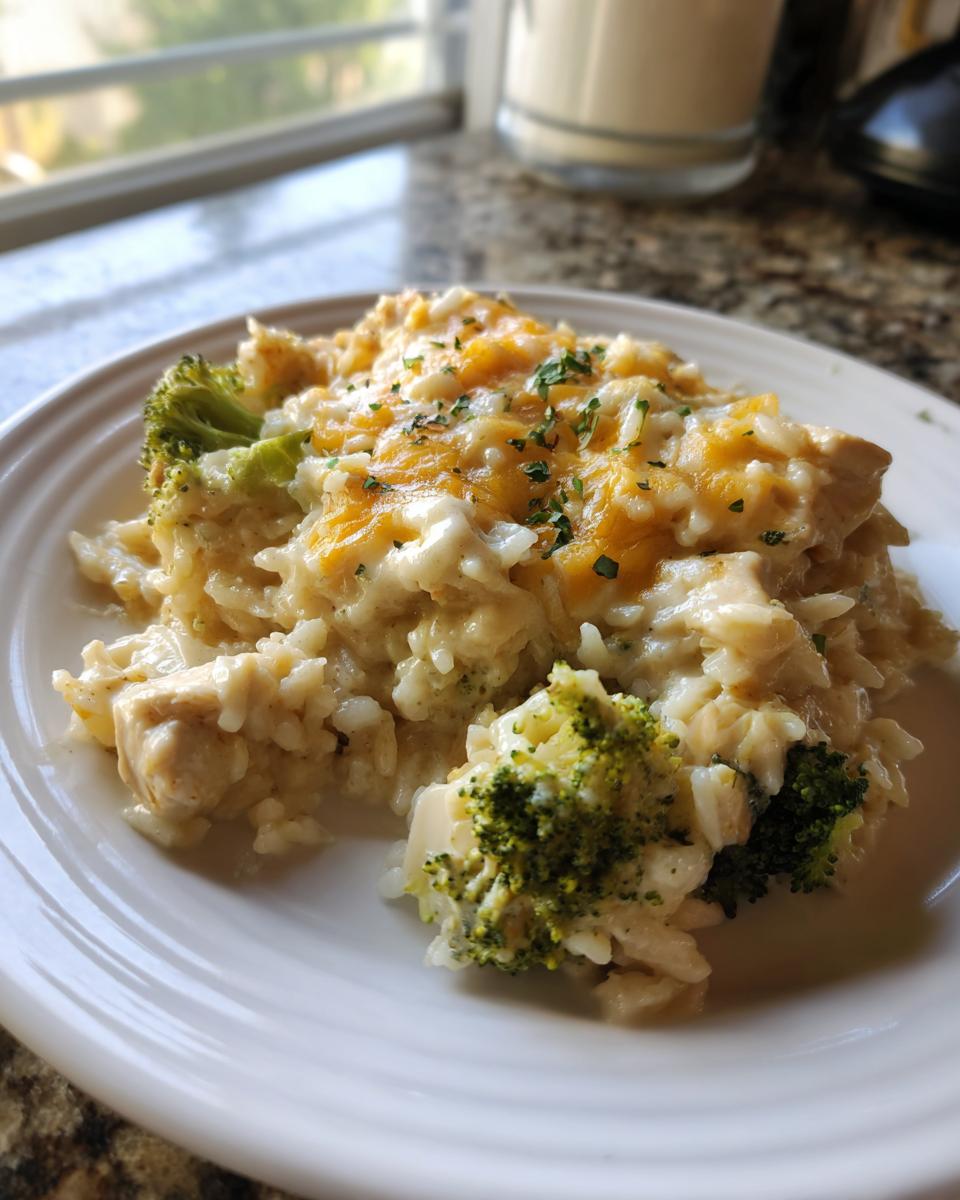 A scoop of creamy chicken and broccoli rice casserole topped with melted cheddar cheese and parsley.