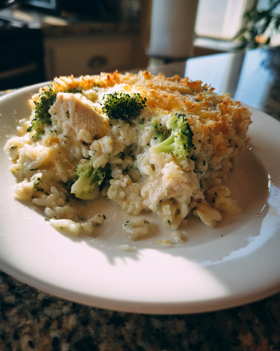 A scoop of creamy chicken and broccoli rice casserole with a golden, crispy topping served on a white plate.