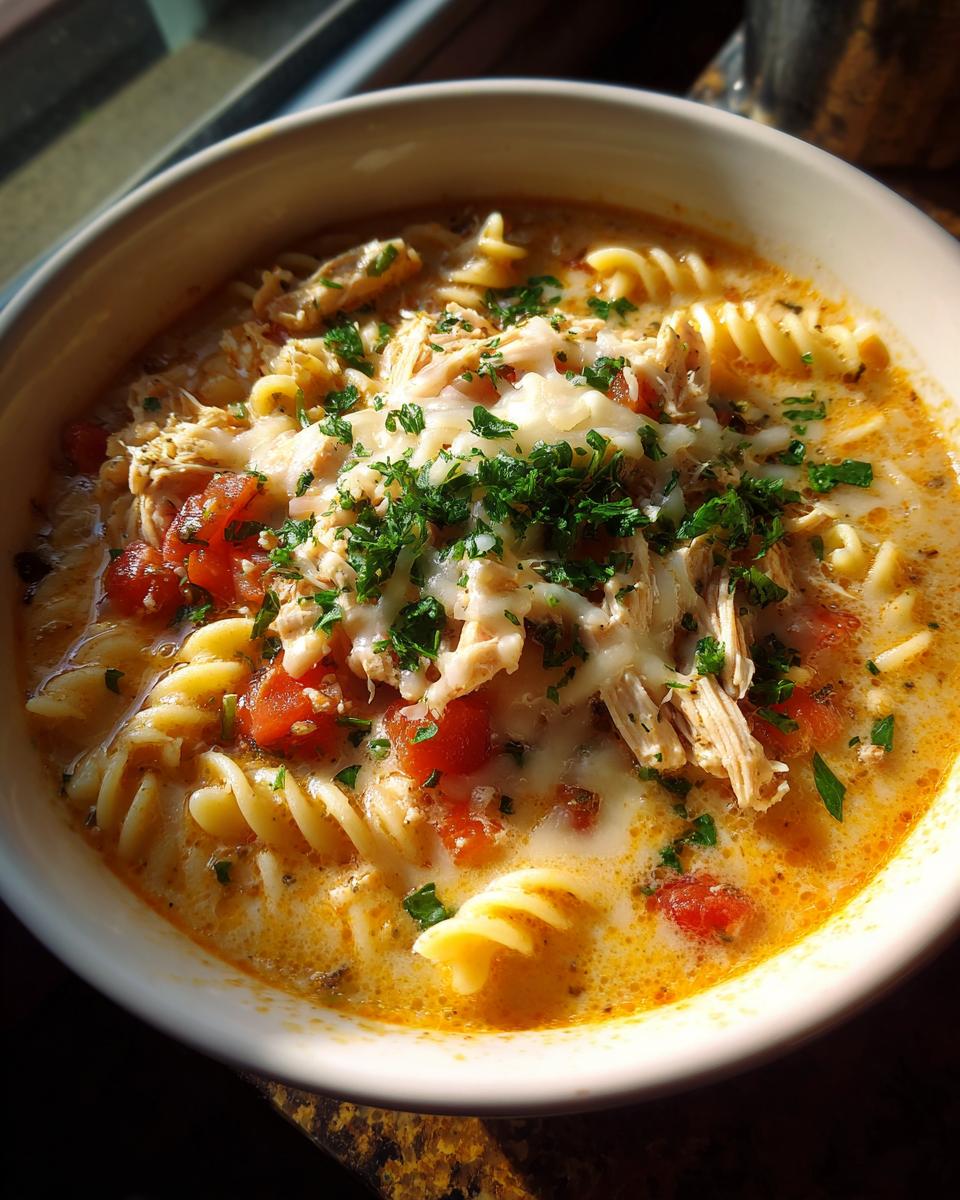 A close-up of creamy chicken parmesan soup featuring shredded chicken, rotini pasta, diced tomatoes, and melted cheese.