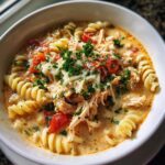 A close-up of a bowl of creamy chicken parmesan soup with shredded chicken, rotini pasta, tomatoes, and melted cheese.