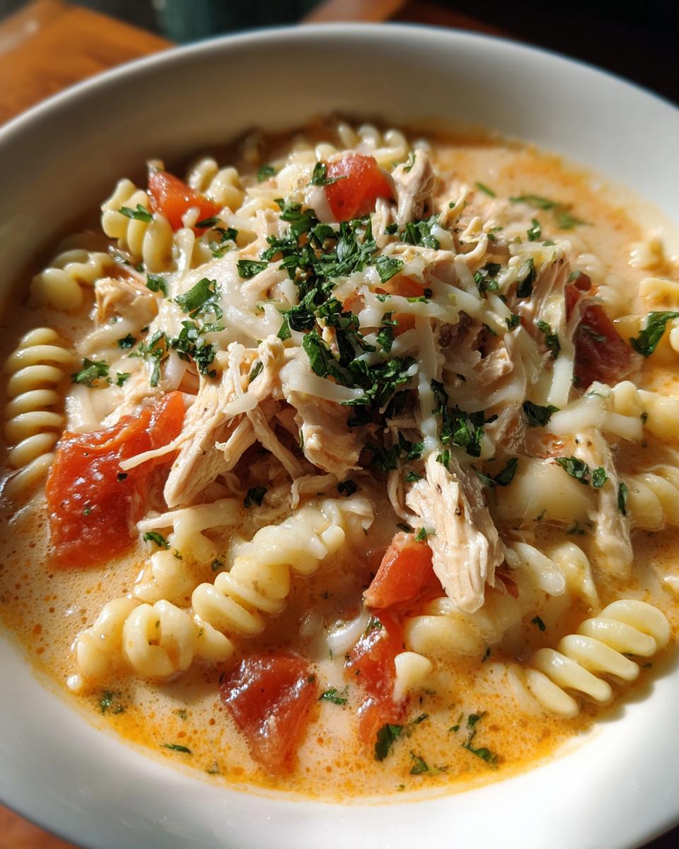 A close-up of creamy chicken parmesan soup featuring rotini pasta, shredded chicken, diced tomatoes, and melted cheese.