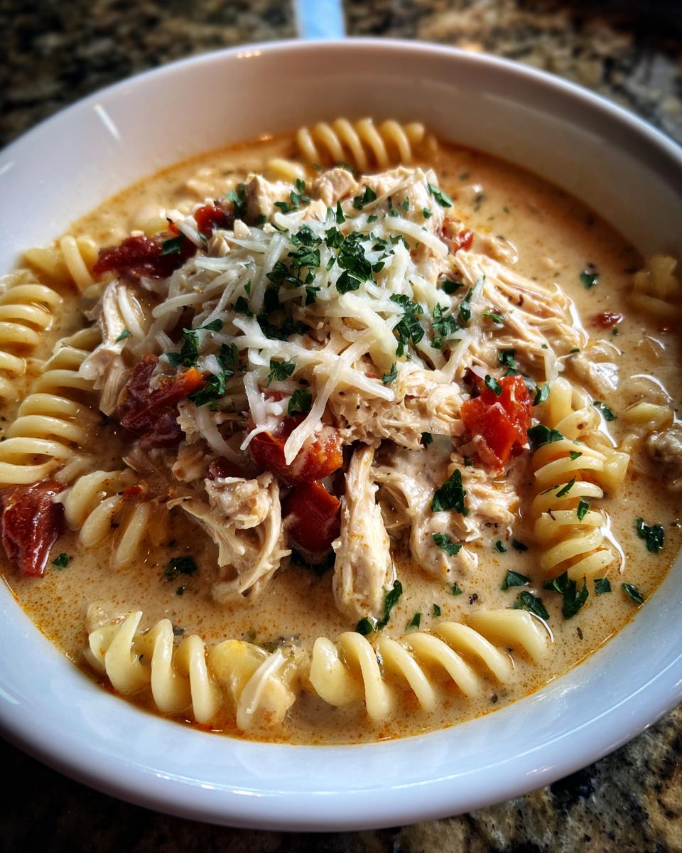 A close-up of a bowl of creamy chicken parmesan soup featuring shredded chicken, rotini pasta, and topped with shredded cheese and parsley.