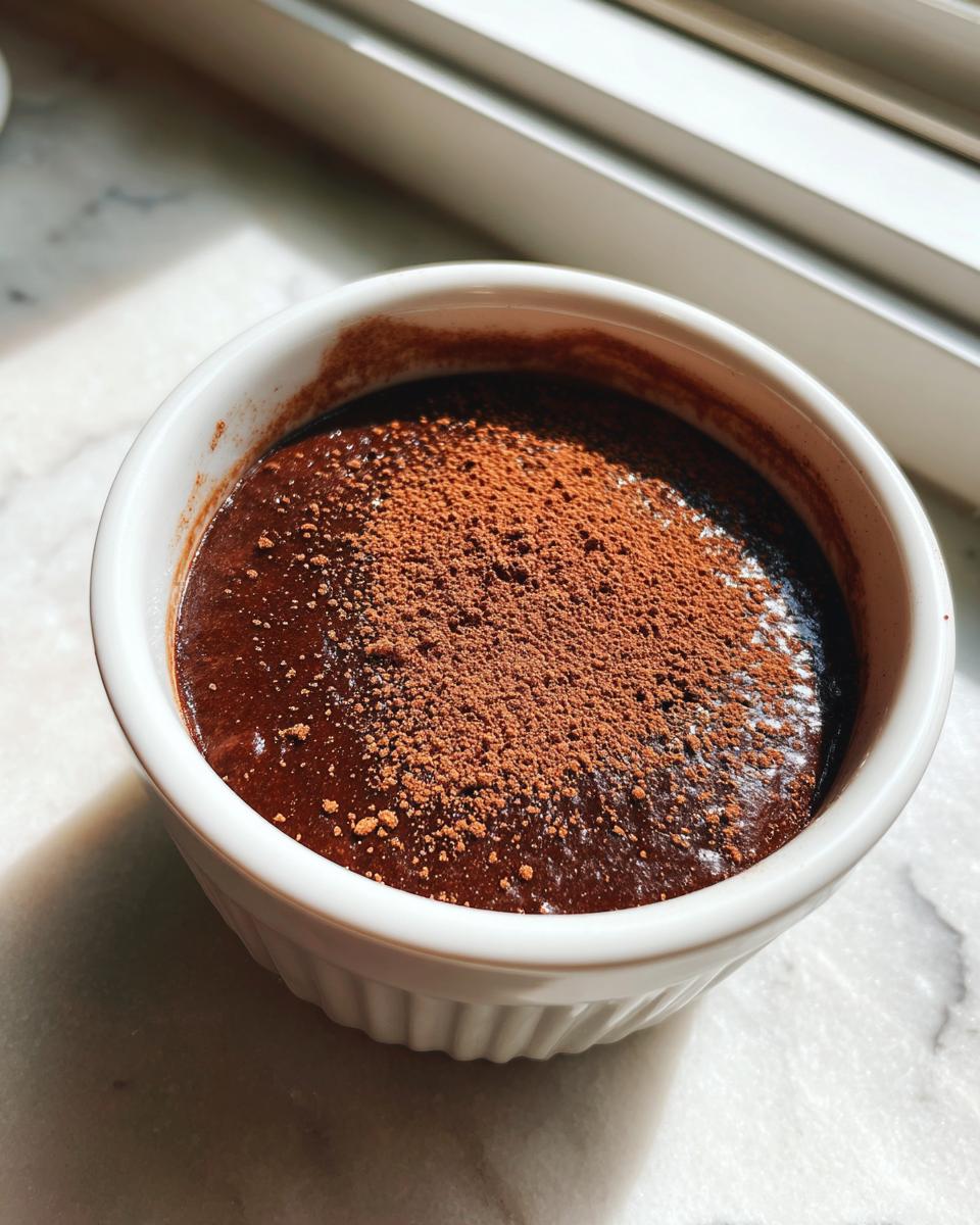 Close-up of rich, dark chocolate protein pudding topped with cocoa powder in a white ramekin.