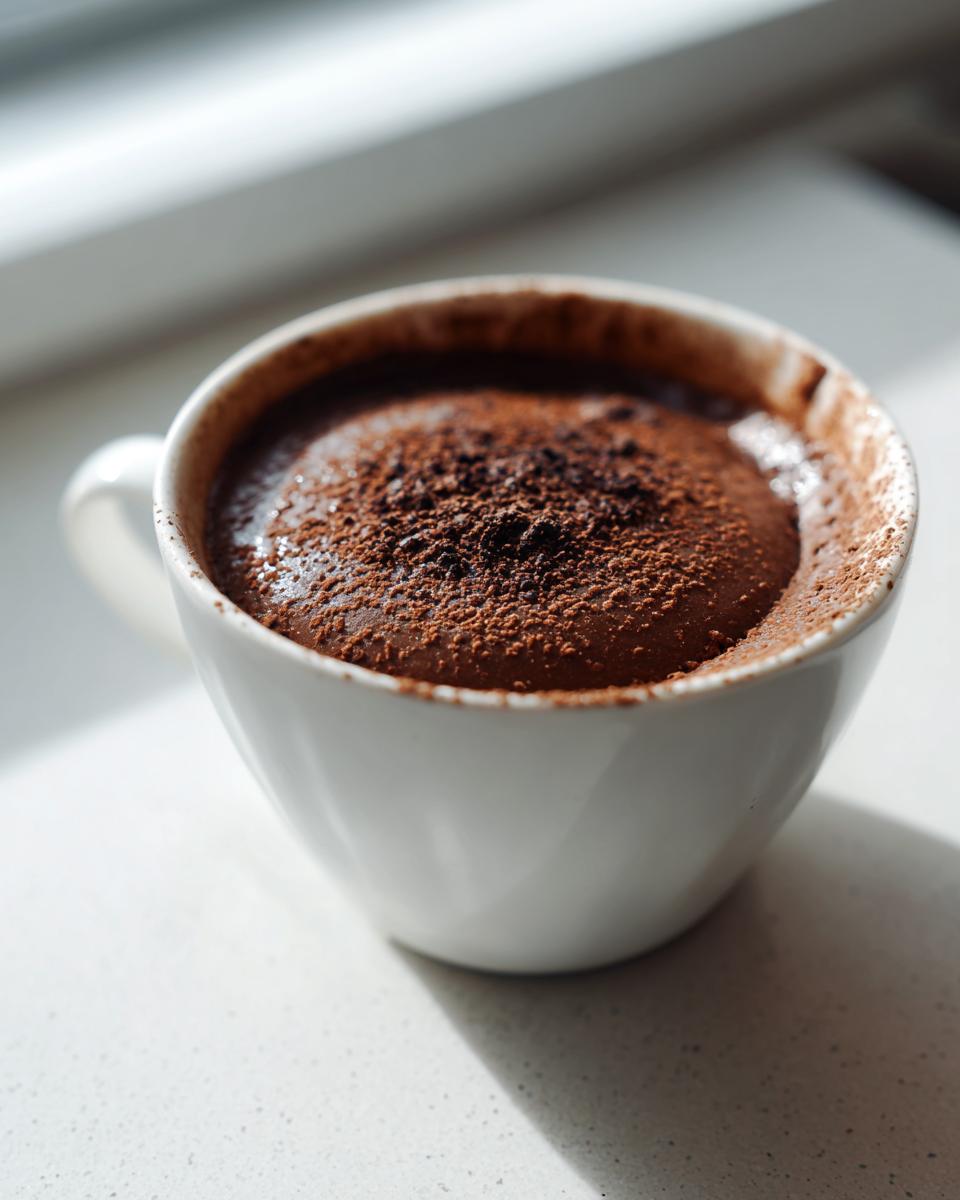 Close-up of rich chocolate protein pudding topped with cocoa powder in a white mug.