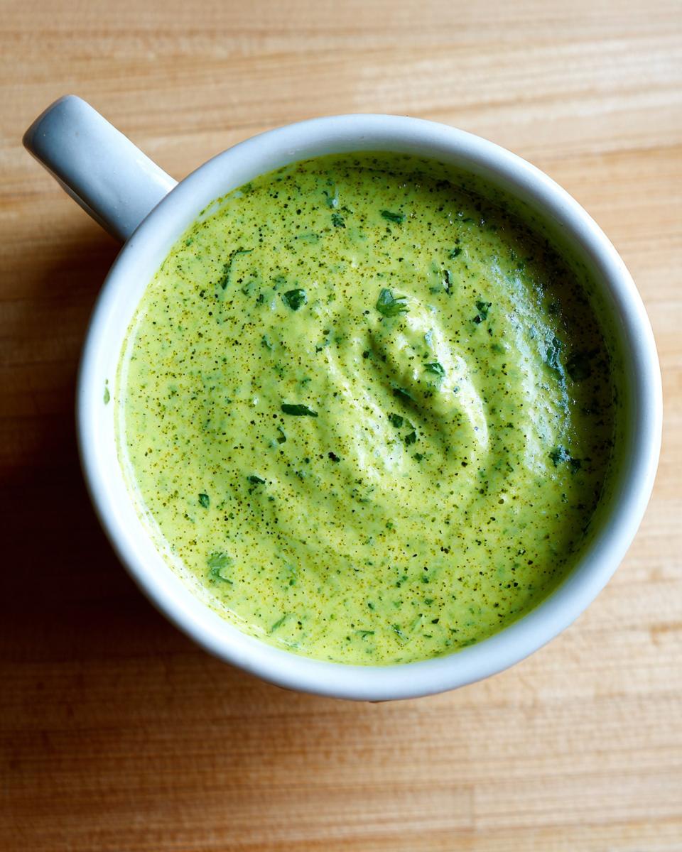 Overhead view of bright green, creamy cilantro lime sauce speckled with herbs and pepper in a small white bowl.