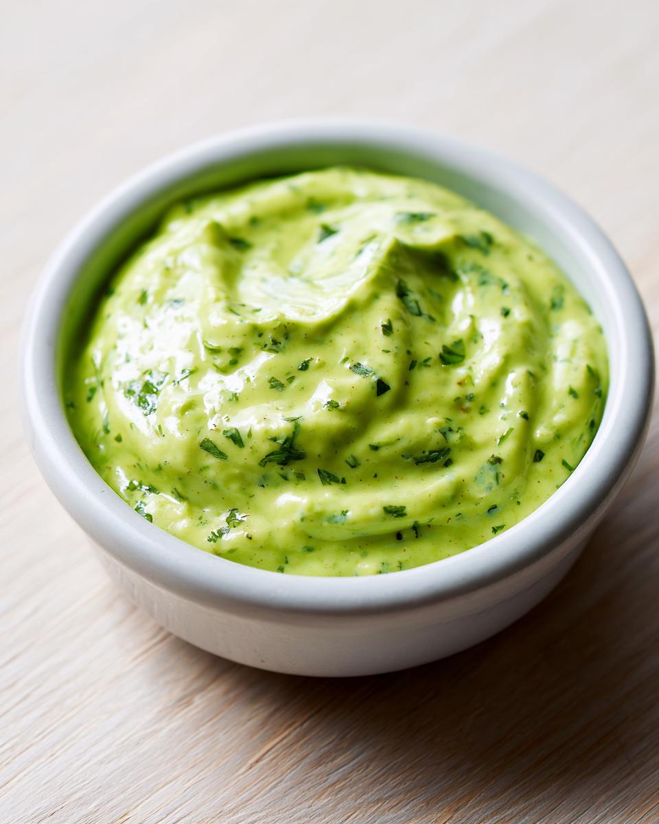 Close-up of vibrant green, creamy cilantro lime sauce speckled with fresh herbs in a small white bowl.
