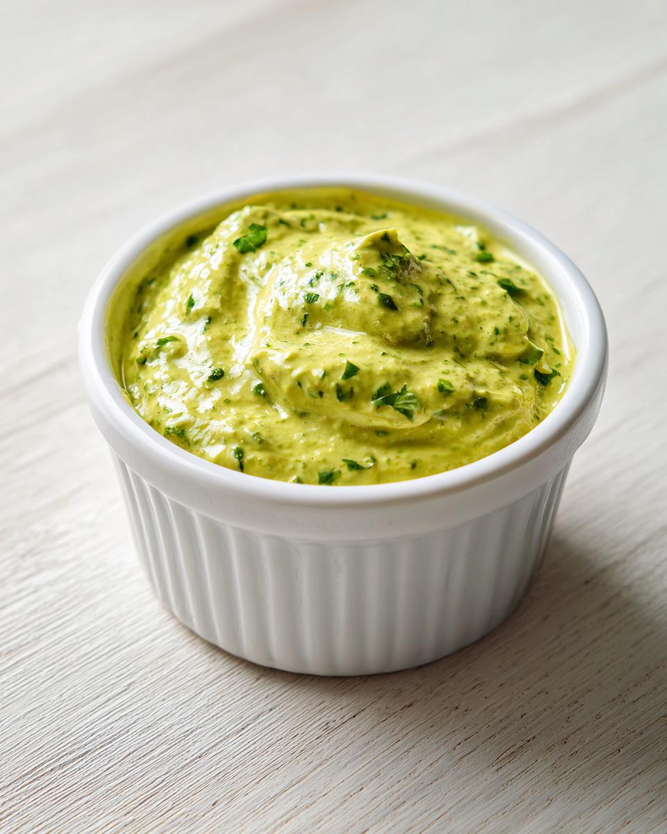 A close-up of thick, vibrant green cilantro lime sauce topped with chopped herbs in a small white bowl.