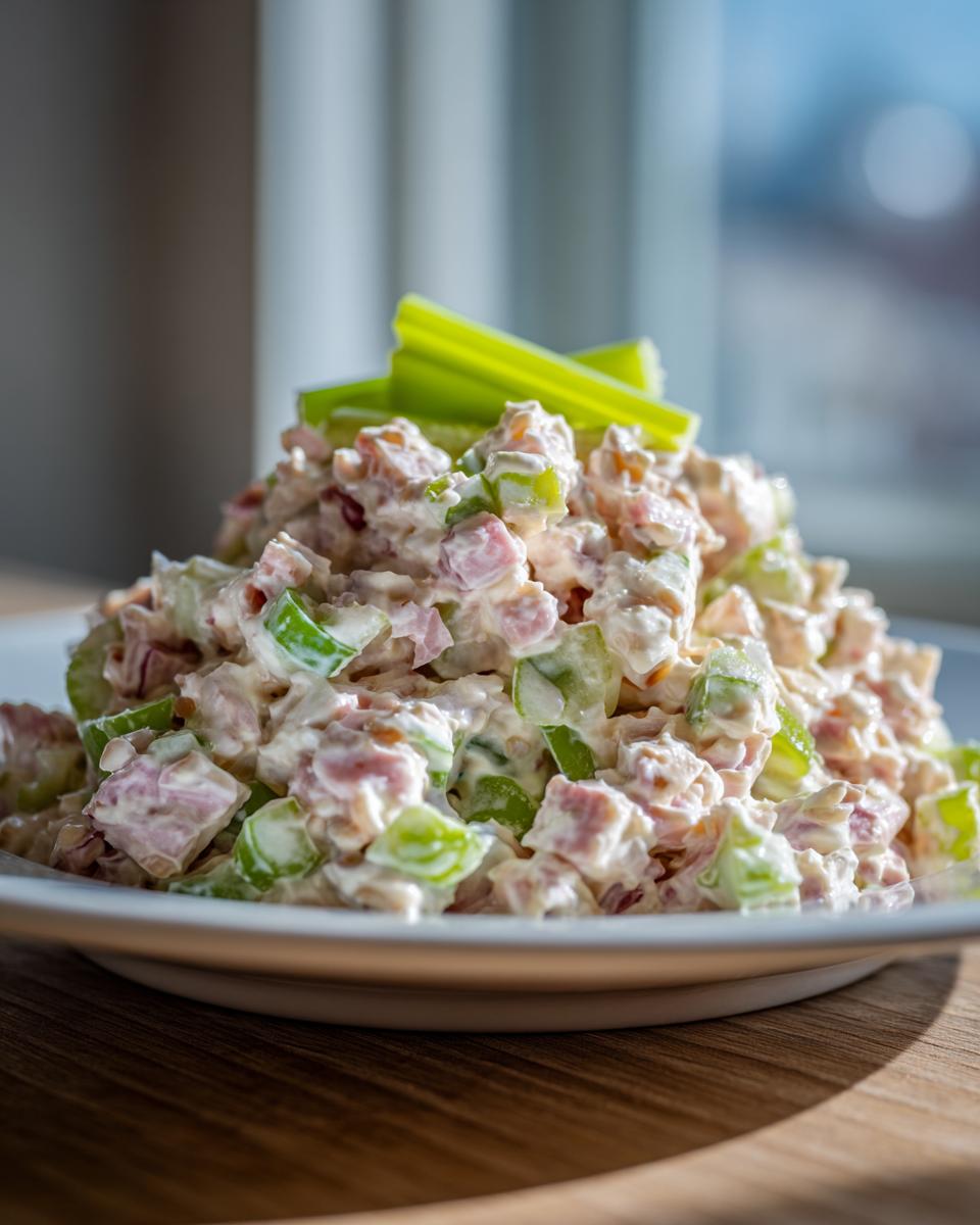 A mound of creamy ham salad recipe mixed with diced celery, garnished with celery sticks.