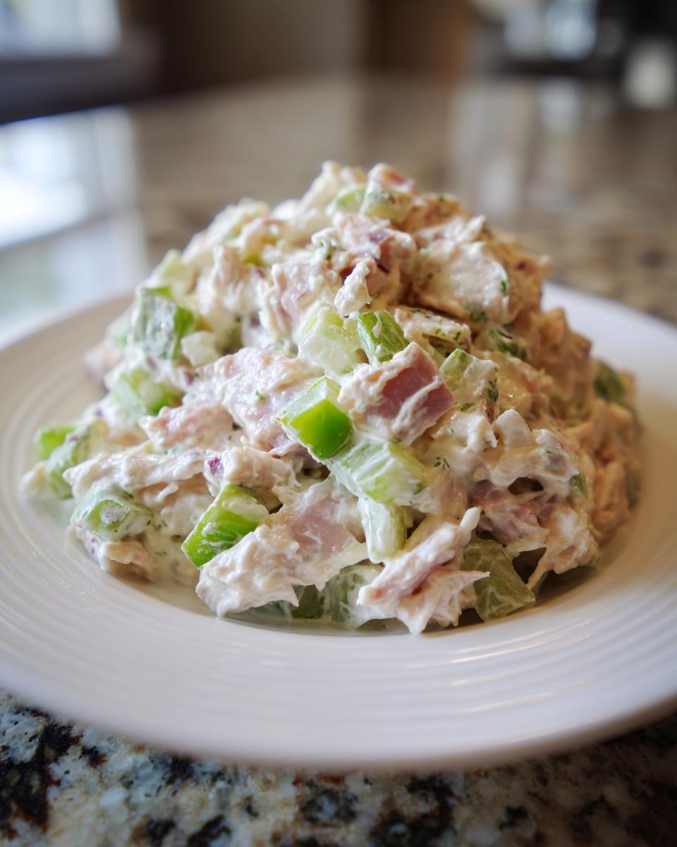 A close-up of a generous scoop of creamy ham salad recipe mixed with diced celery and ham, served on a white plate.