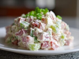 A mound of creamy ham salad recipe featuring diced pink ham and green celery, topped with chopped green onions.