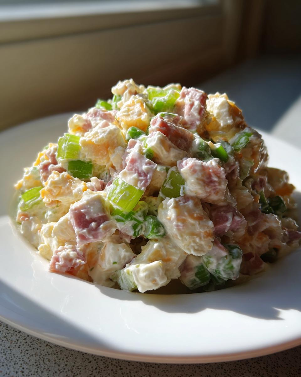 A mound of creamy ham salad recipe featuring diced ham, celery, and cheese, served on a white plate.