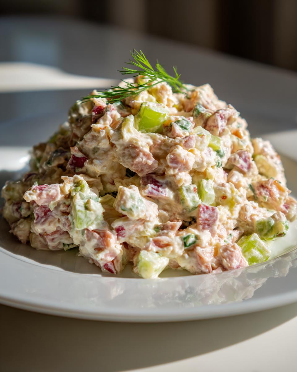 A mound of creamy ham salad recipe with visible chunks of ham and celery, garnished with fresh dill on a white plate.