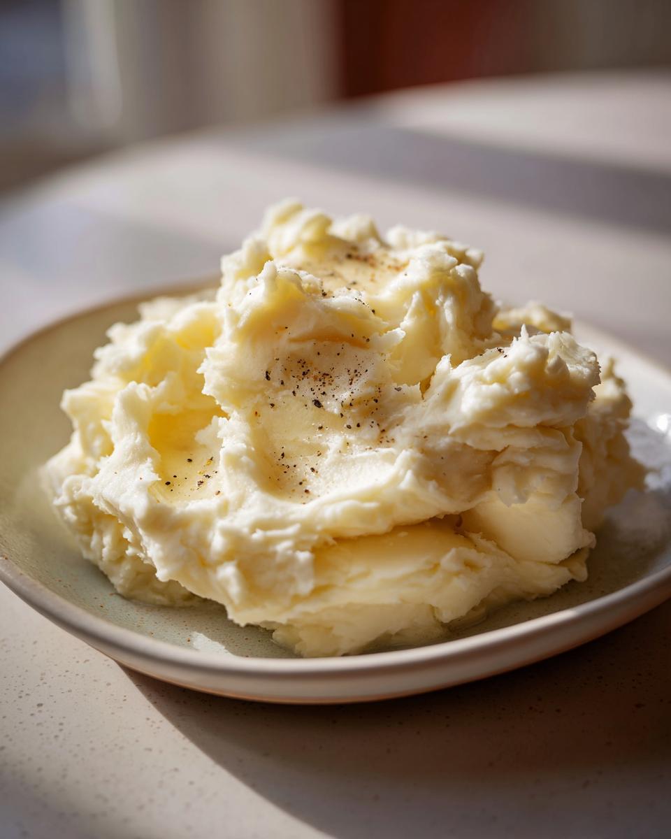 A generous serving of creamy, fluffy mashed potatoes topped with melted butter and cracked black pepper.