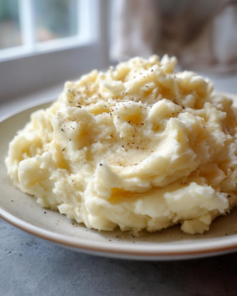 A close-up of a generous serving of creamy, fluffy mashed potatoes topped with freshly ground black pepper.