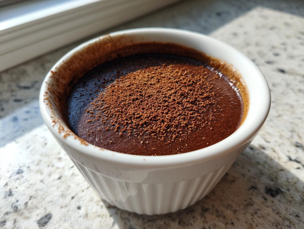 Close-up of rich, dark chocolate protein pudding topped with cocoa powder in a white ramekin.