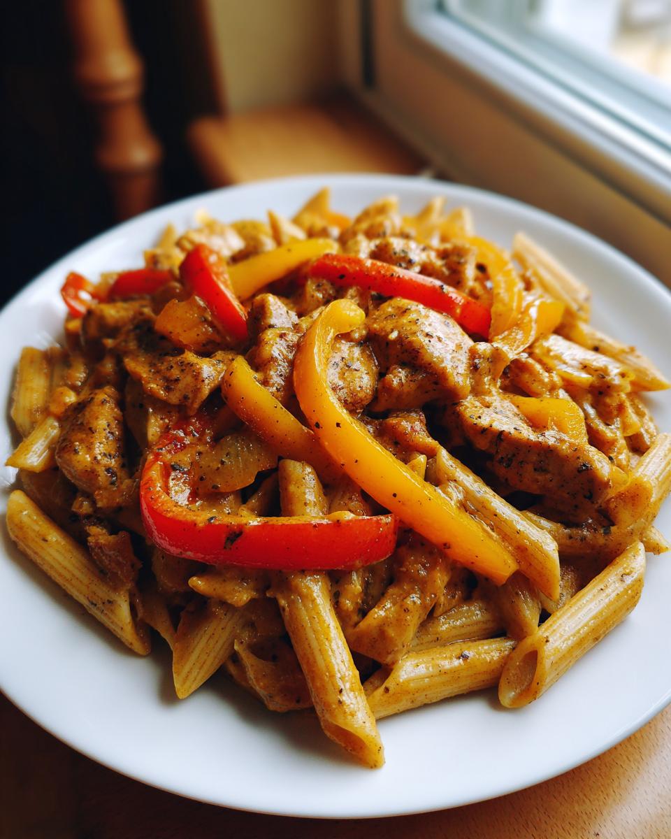A close-up of a white plate filled with creamy rasta pasta, featuring penne, chicken pieces, and vibrant red and yellow bell pepper strips.