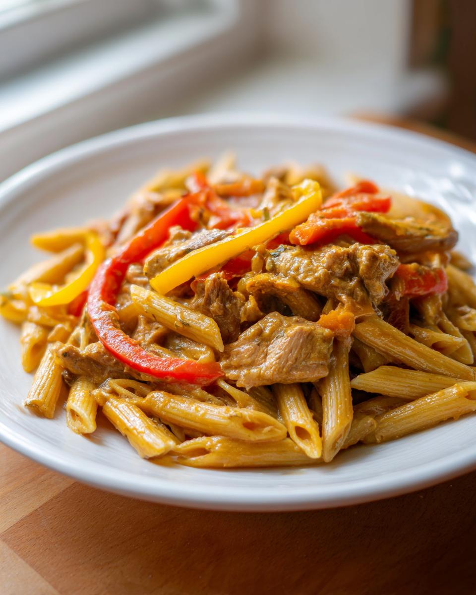 A close-up view of a serving of creamy rasta pasta mixed with pieces of meat and bright red and yellow bell peppers.