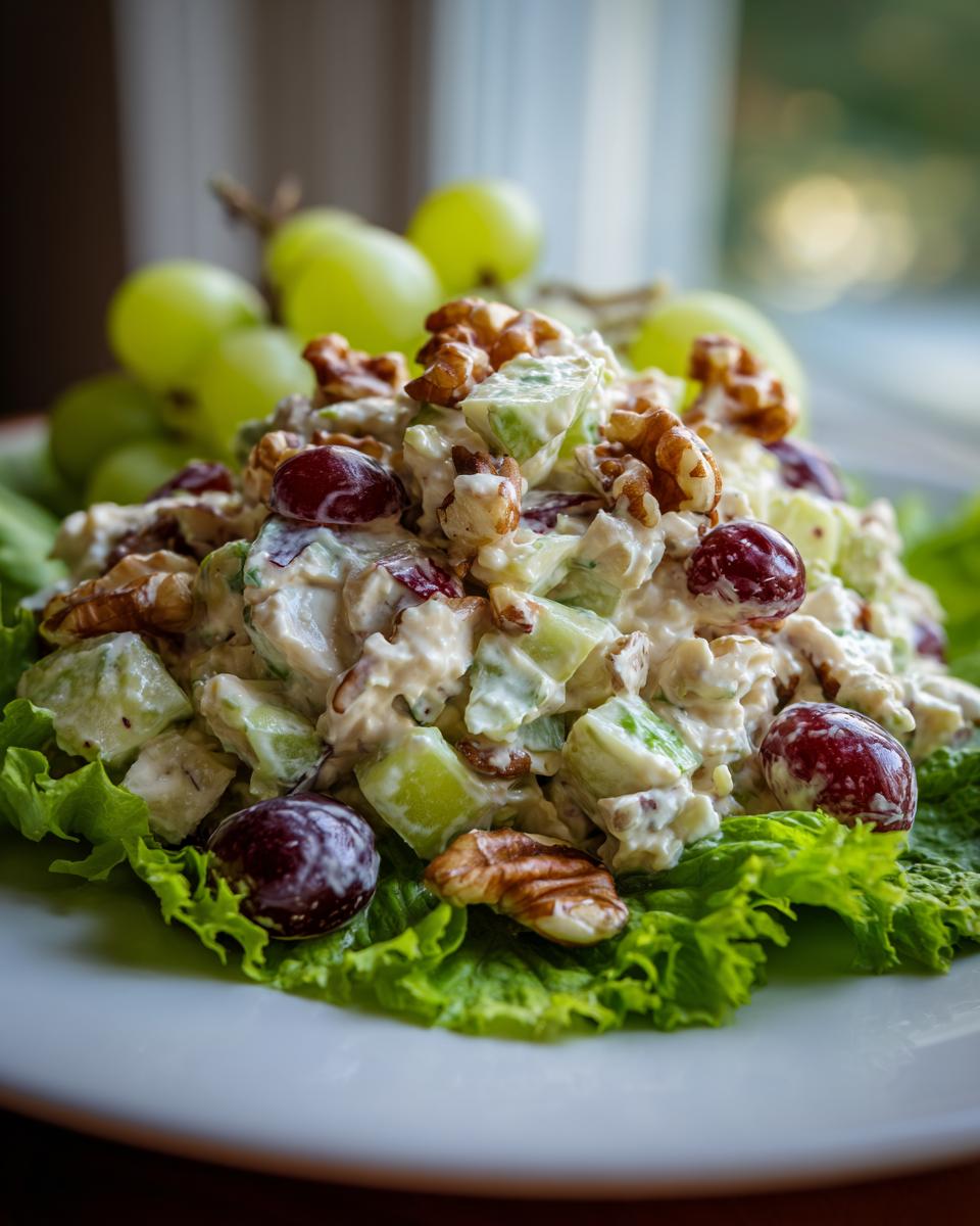 A mound of creamy waldorf salad featuring celery, grapes, and walnuts served on a bed of lettuce.
