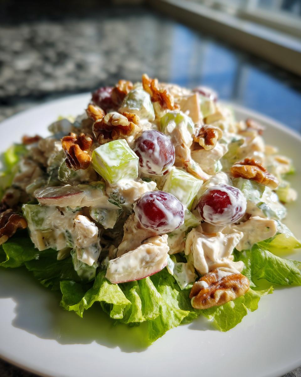 Close-up of a creamy waldorf salad served on lettuce leaves, topped with red grapes and walnuts.