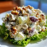A close-up, appetizing photo of creamy waldorf salad served on a bed of crisp lettuce, topped with walnuts and red grapes.