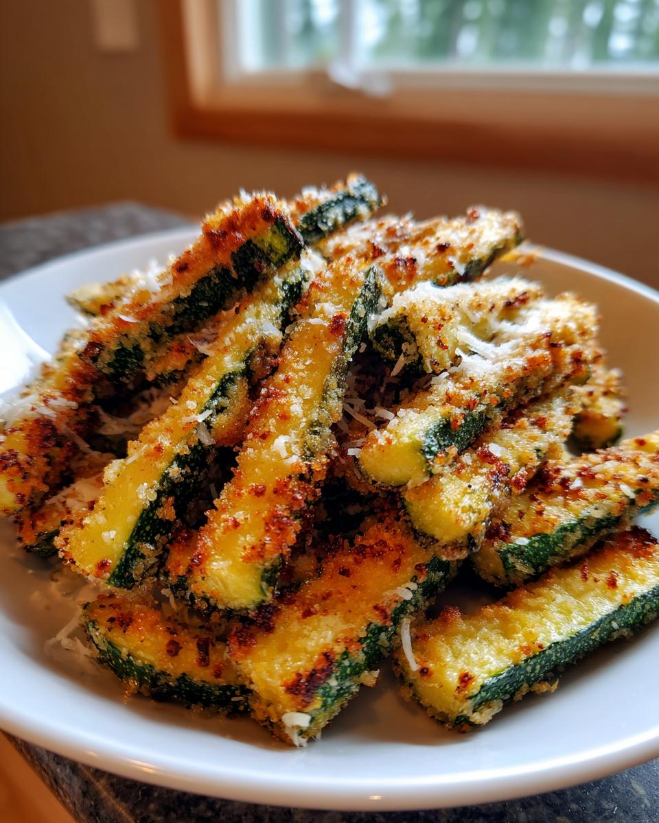 Close-up of golden brown, crispy air fryer zucchini sticks topped with grated Parmesan cheese.