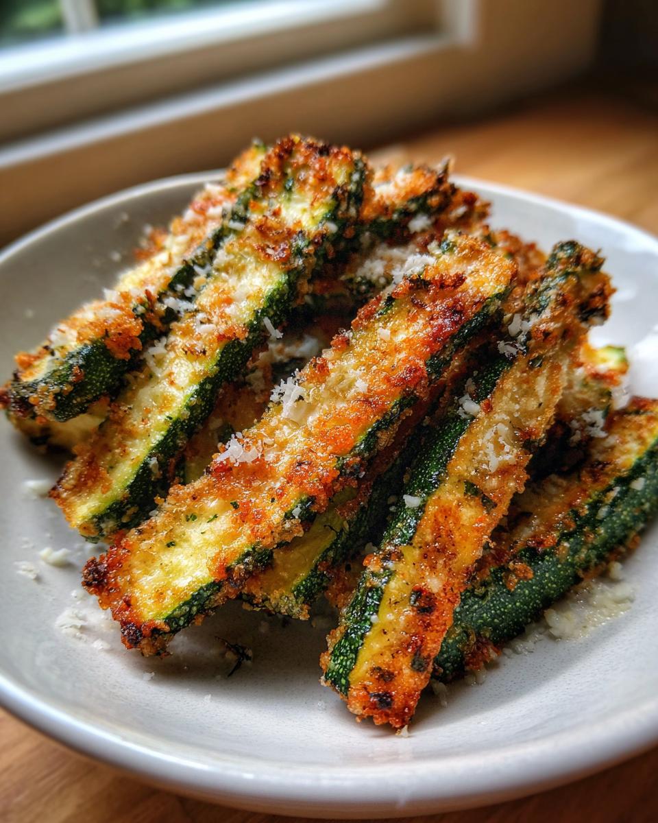 Close-up of crispy, golden-brown air fryer zucchini sticks sprinkled with grated Parmesan cheese.