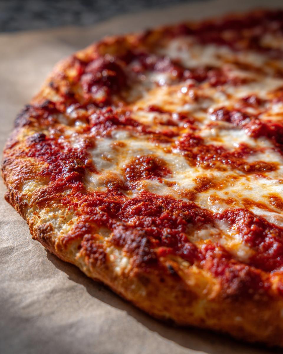 Close-up of a perfectly baked cauliflower pizza crust topped with vibrant red sauce and melted mozzarella cheese.