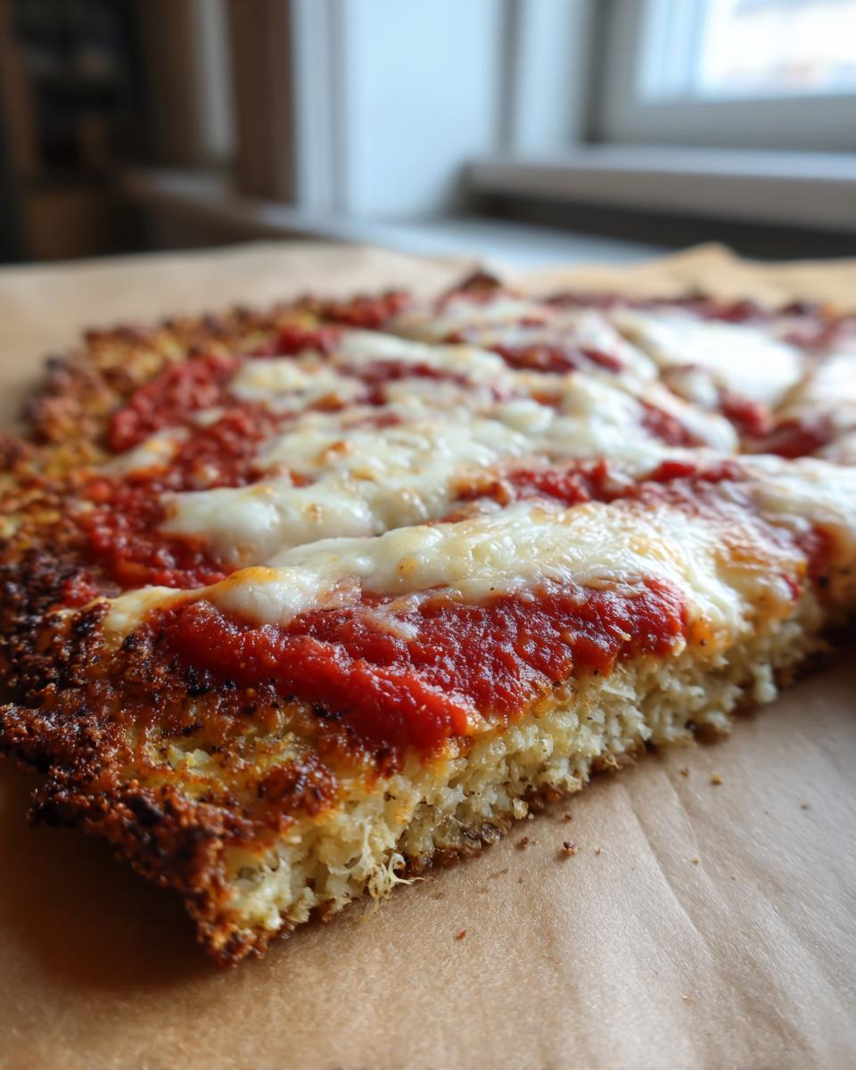 Close-up of a slice of crispy cauliflower pizza crust topped with bright red sauce and melted mozzarella cheese.