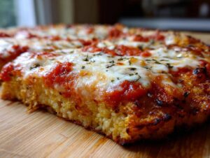 Close-up of a slice of pizza showing the thick, textured cauliflower pizza crust topped with melted mozzarella and red sauce.