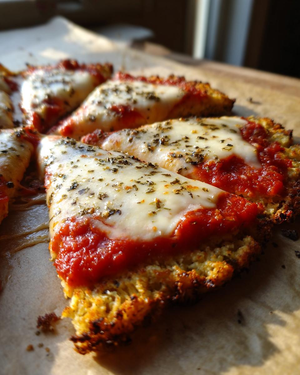 Close-up of crispy cauliflower pizza crust slices topped with bright red sauce, melted mozzarella, and dried herbs.