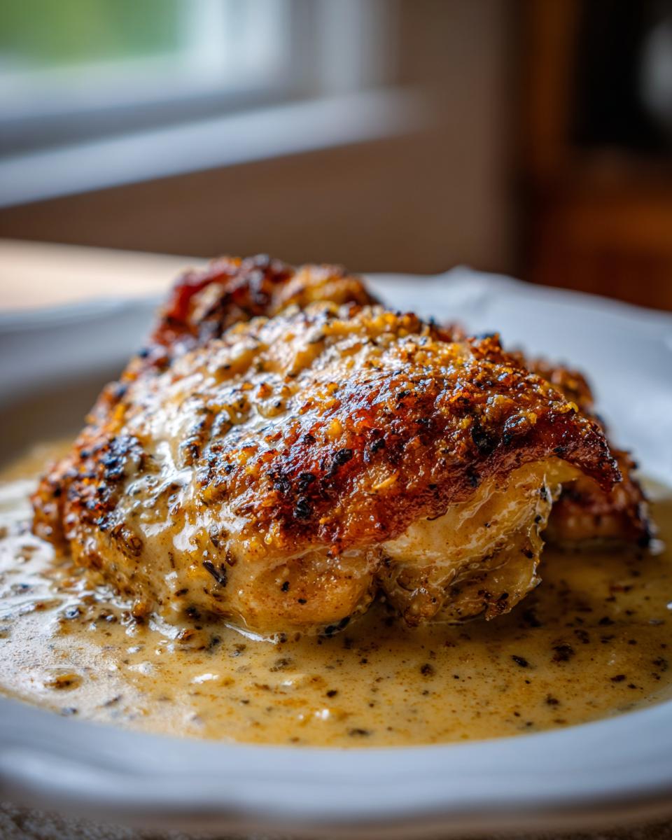 Close-up of perfectly cooked, crispy skin chicken thighs served in a rich, speckled cream sauce.