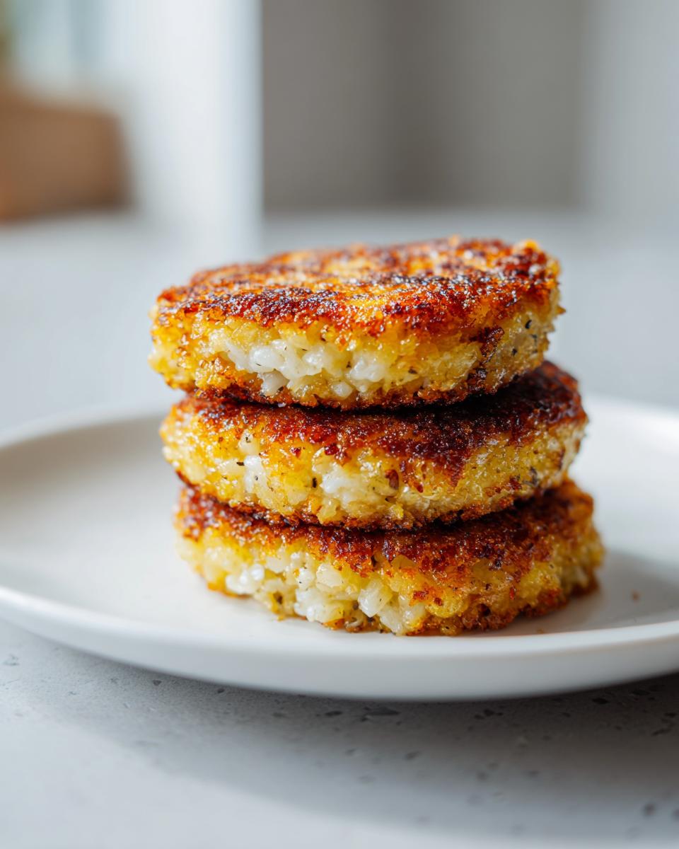 Three golden-brown, pan-fried crispy rice patties stacked on a white plate.