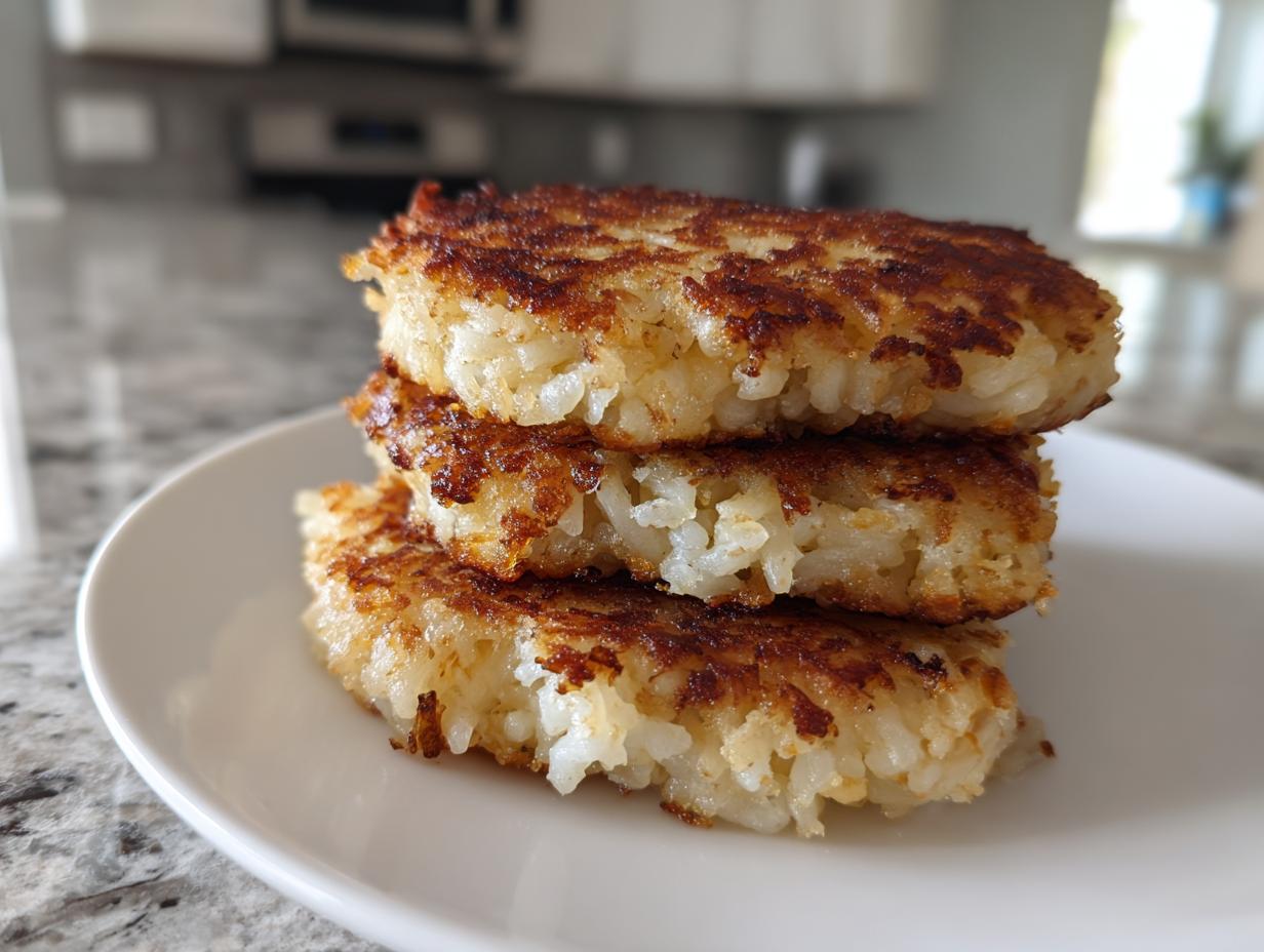 Three golden brown, pan-fried patties of crispy rice stacked on a white plate.