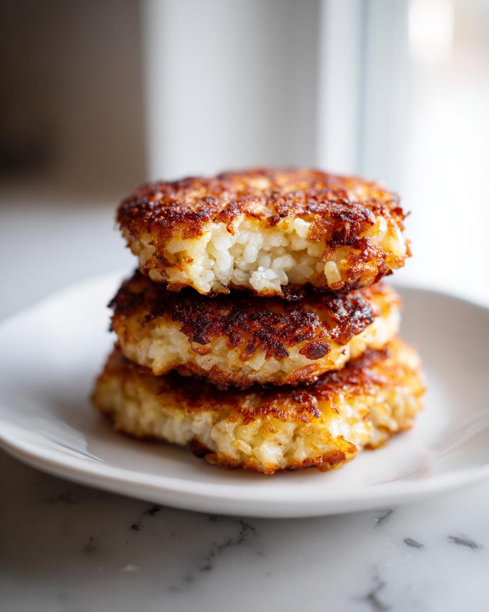 Three golden brown, pan-fried crispy rice cakes stacked on a white plate.