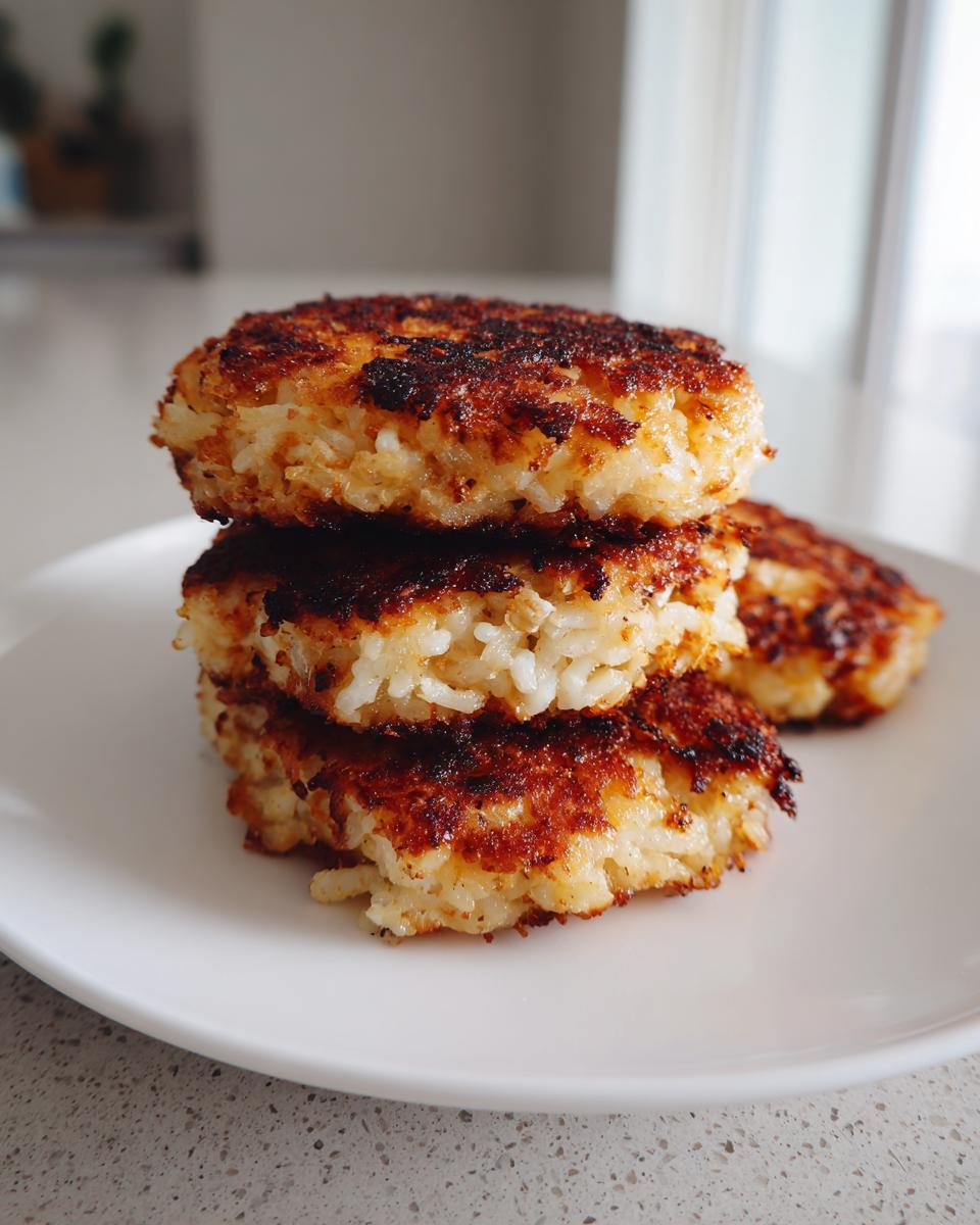 Three golden-brown, pan-fried crispy rice patties stacked on a white plate.