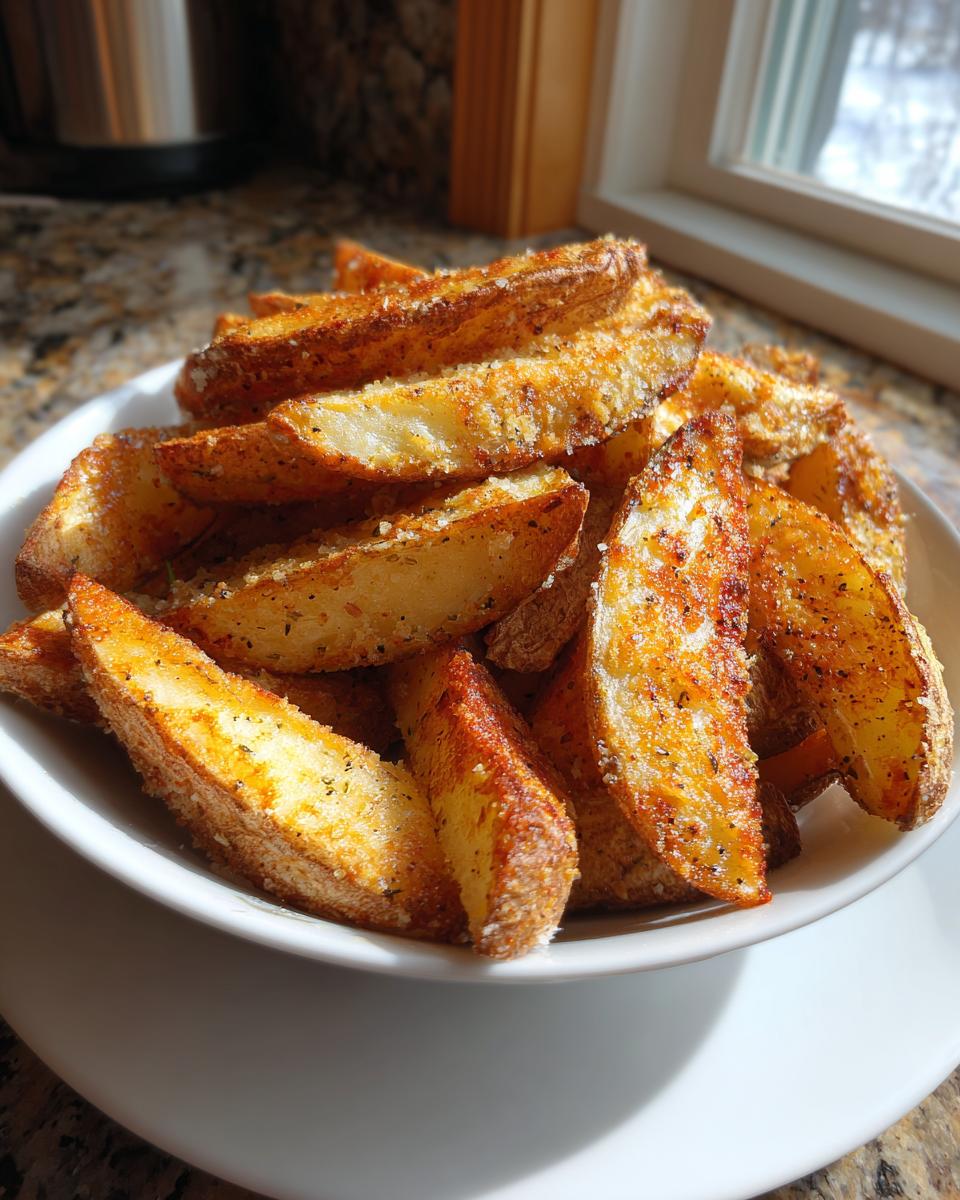 A bowl overflowing with golden brown, crispy seasoned potato wedges, highlighted by natural light.