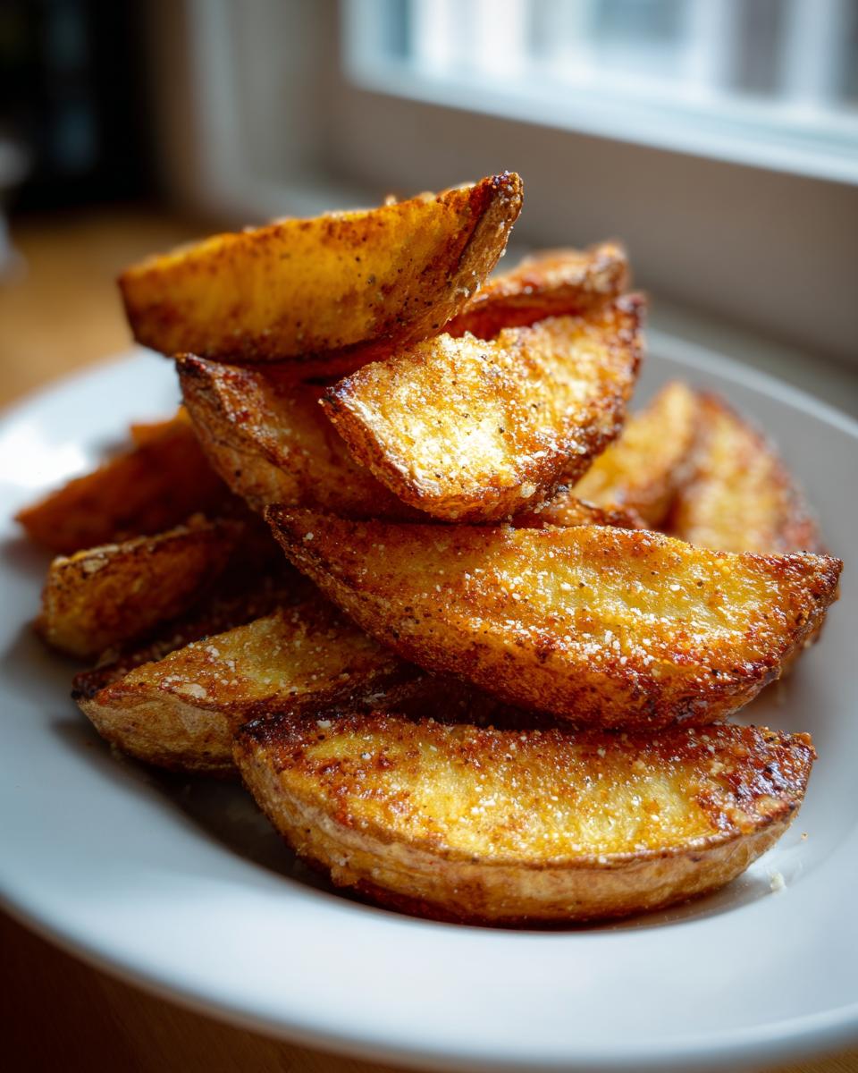 Close-up of a stack of golden brown, crispy seasoned potato wedges on a white plate.