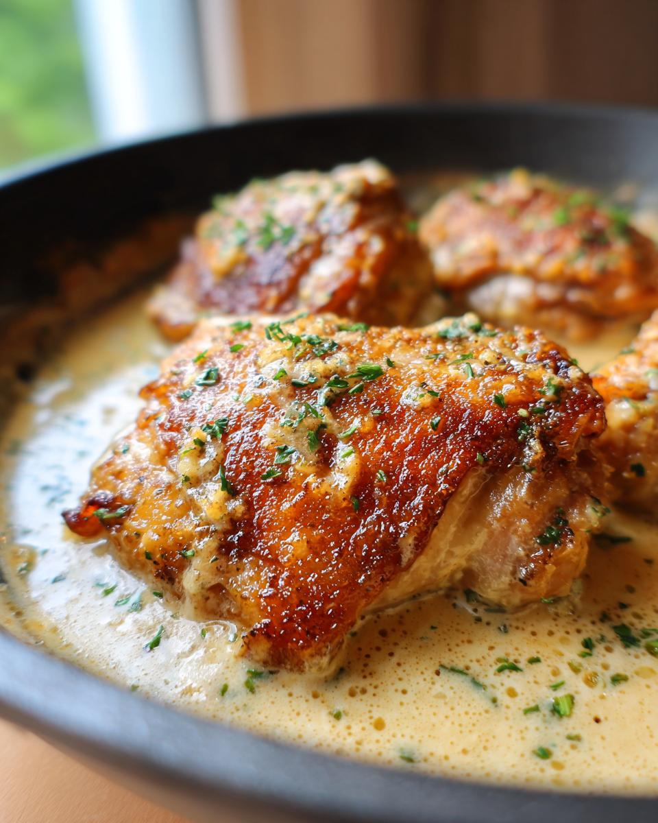 Close-up of crispy skin chicken thighs simmering in a rich, creamy sauce garnished with parsley.