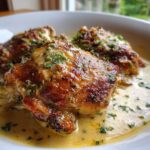 Close-up of three golden-brown, crispy skin chicken thighs swimming in a rich, creamy sauce and topped with fresh parsley.