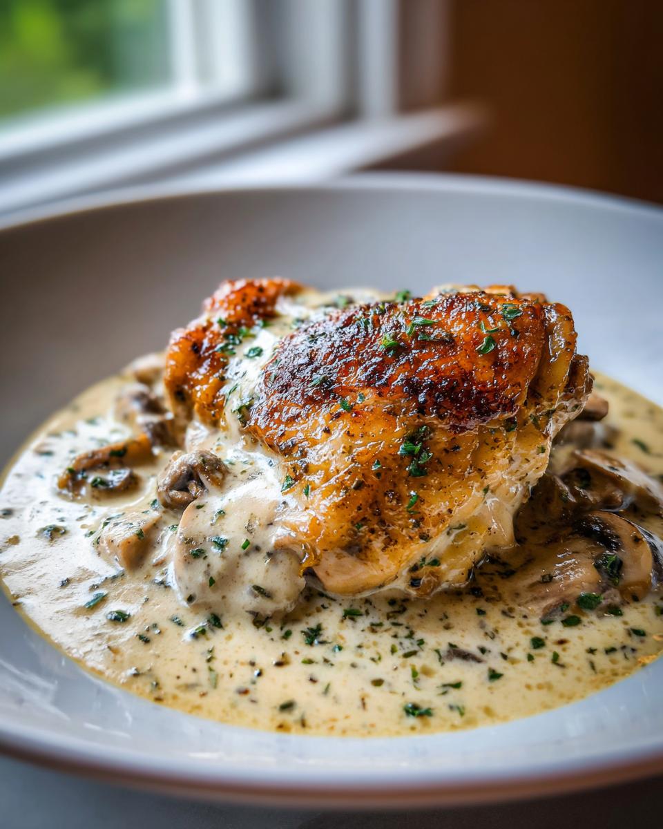 A perfectly cooked chicken thighs piece with crispy skin resting in a rich, creamy mushroom sauce.