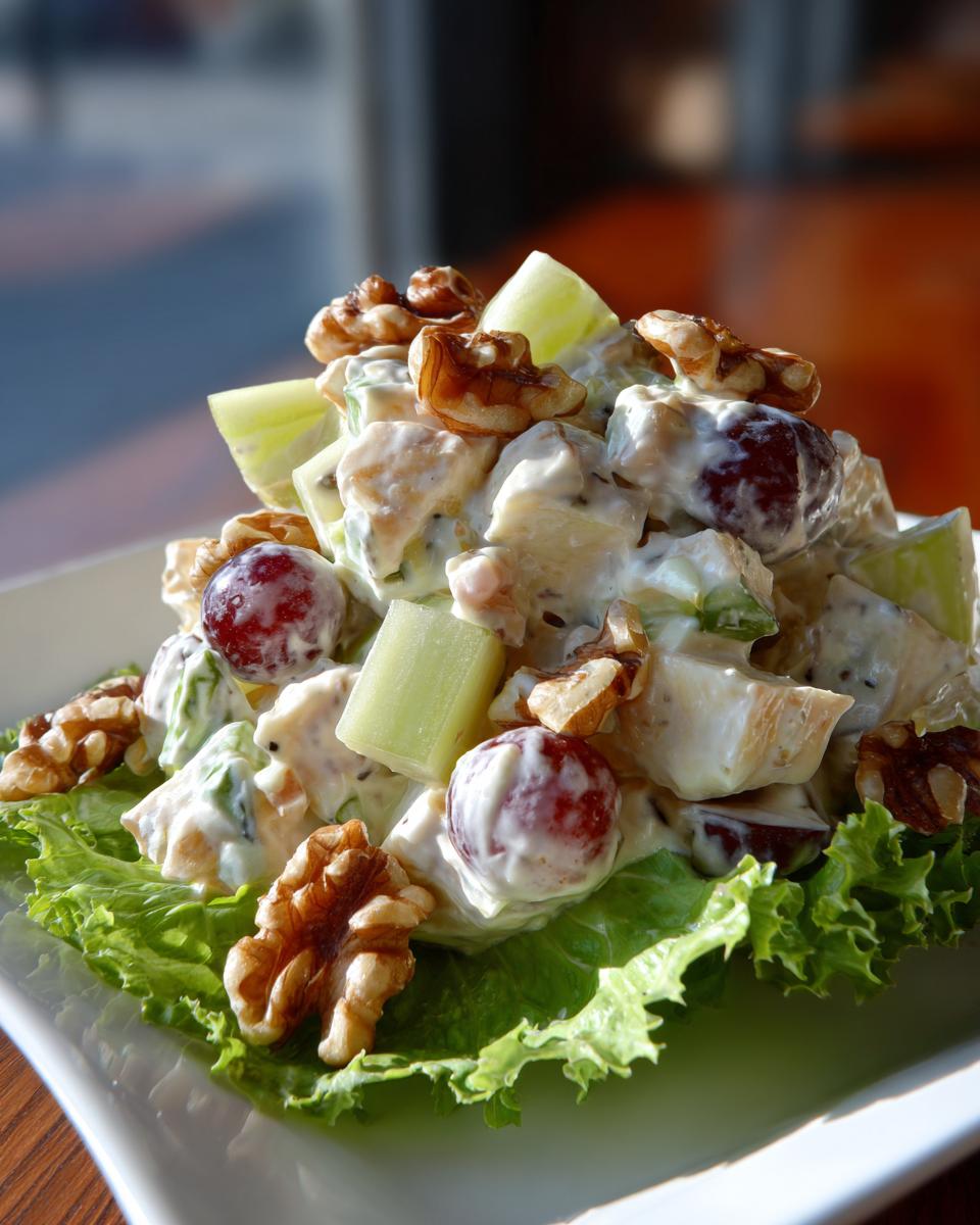Close-up of a creamy Waldorf salad served on lettuce, featuring grapes, celery, and walnuts.