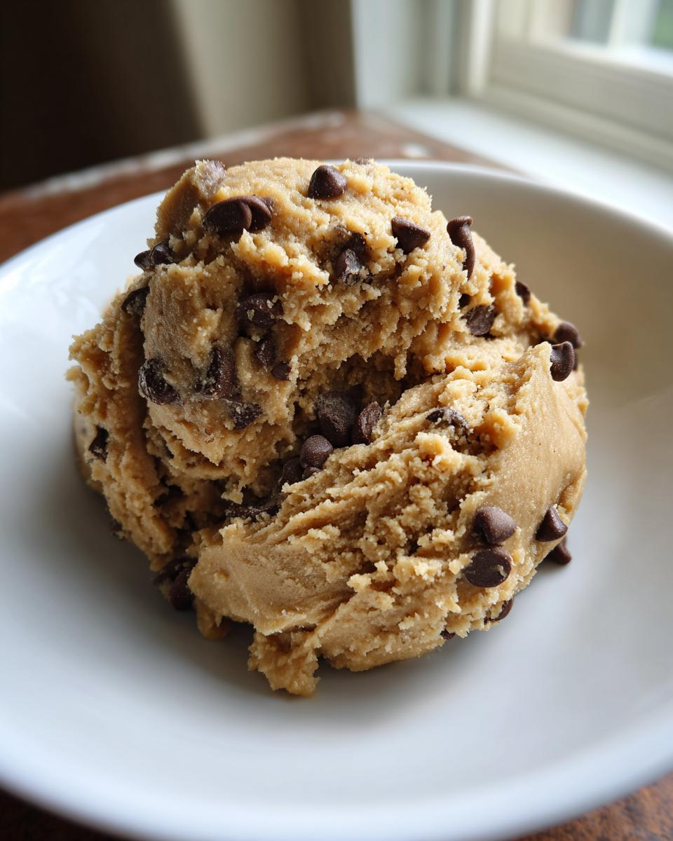 A generous scoop of edible chocolate chip cookie dough recipe served in a white bowl.