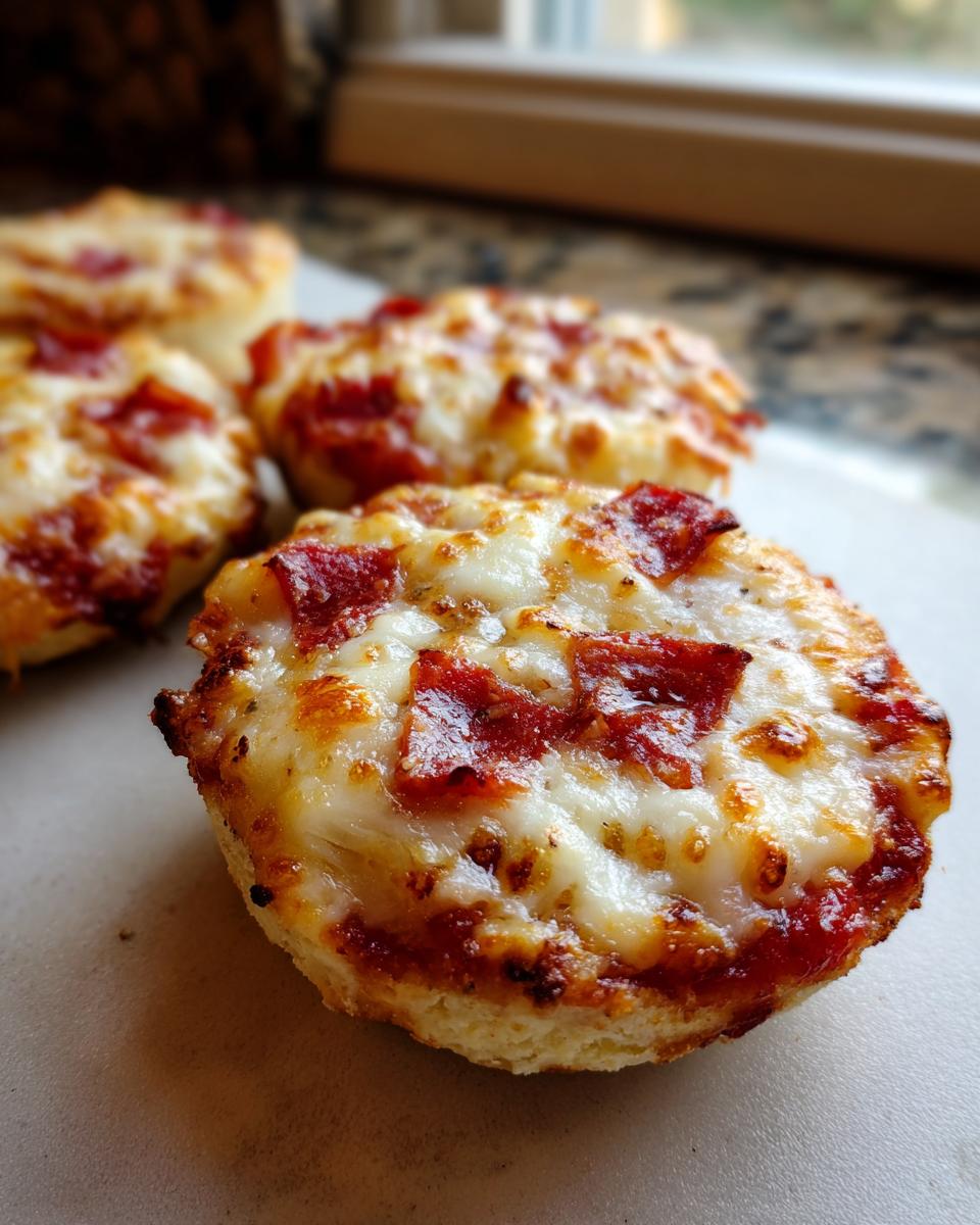 Close-up of a freshly baked english muffin pizza topped with melted cheese and pepperoni.