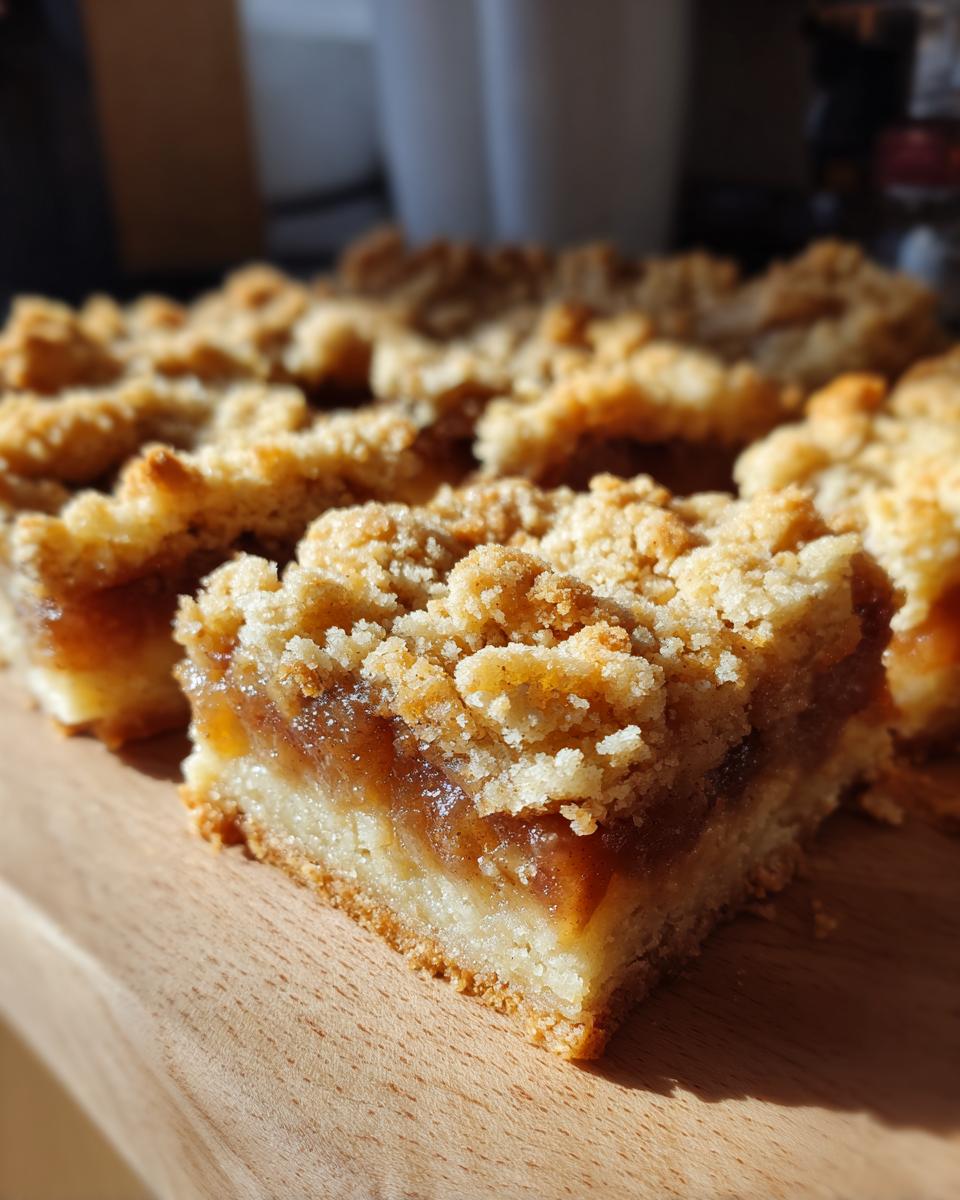 A close-up of a freshly cut square of apple pie bars showing the thick apple filling and crumbly topping.