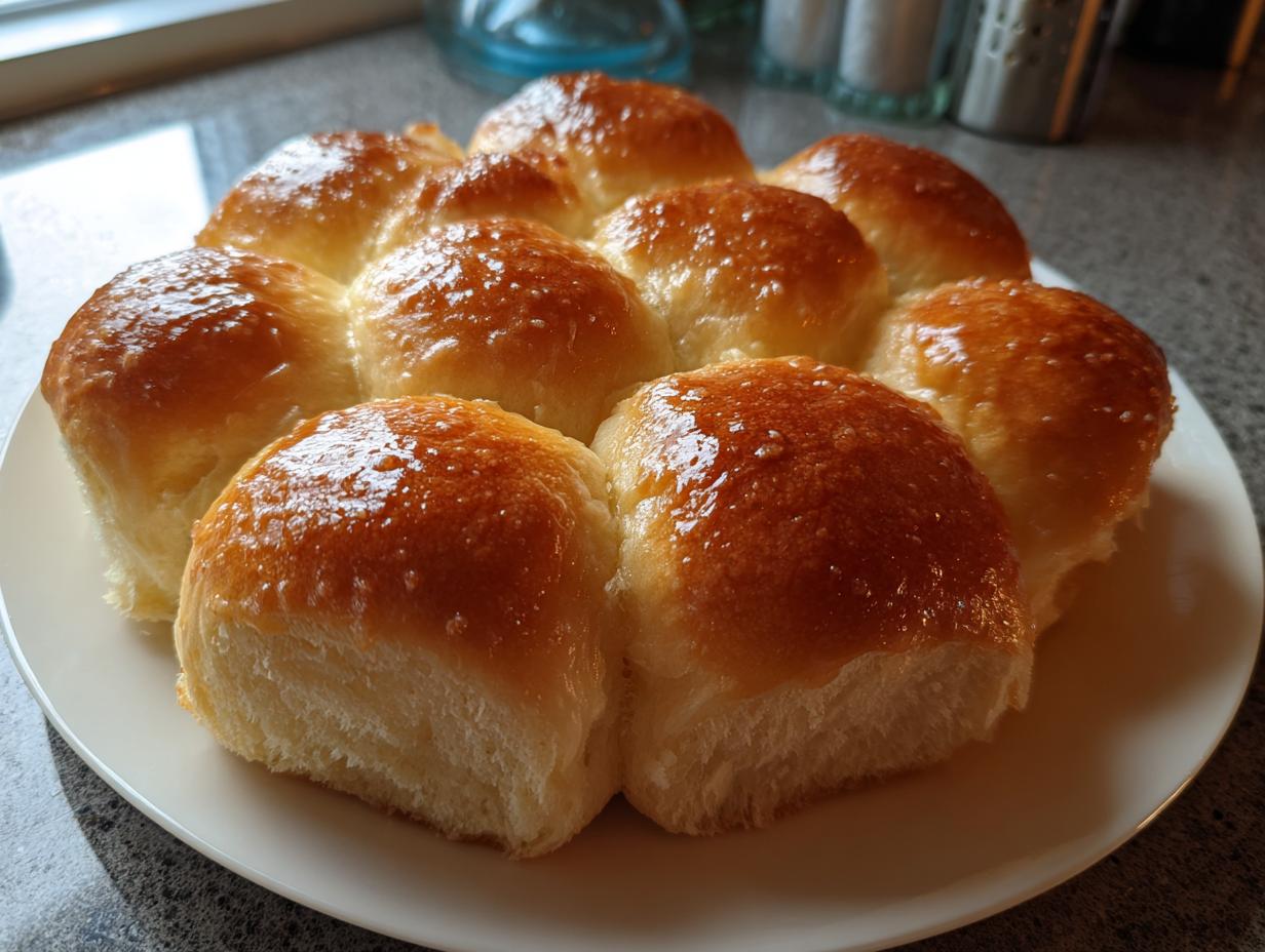 A cluster of eight soft, fluffy dinner rolls with a shiny, buttery glaze on a white plate.
