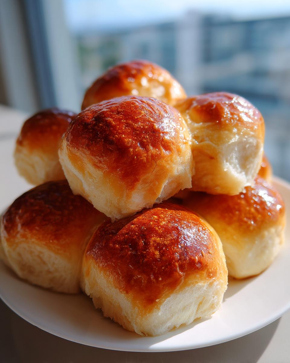 A stack of freshly baked, soft, and fluffy dinner rolls with a shiny, golden-brown top.