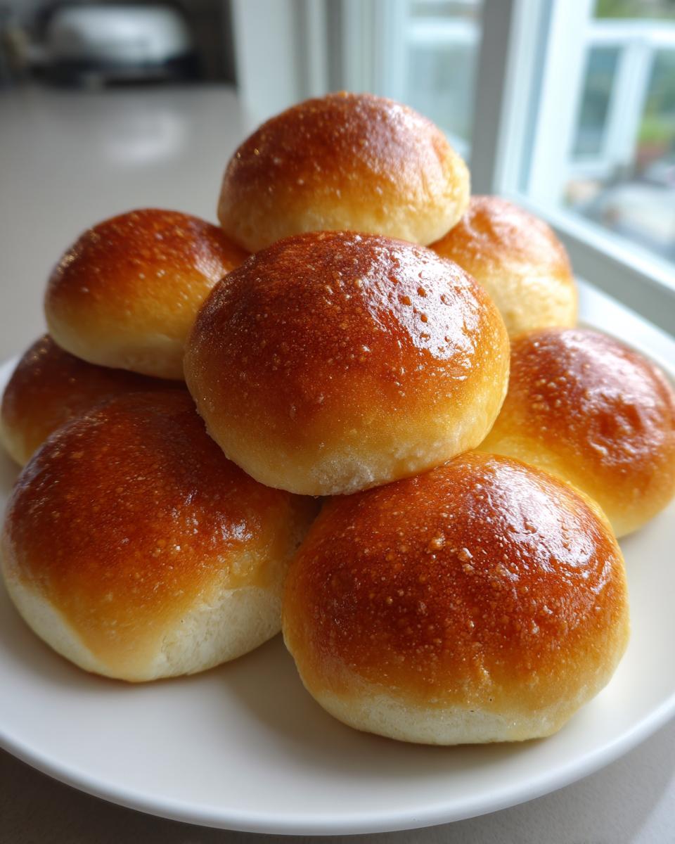 A close-up stack of soft, fluffy dinner rolls with a shiny, golden-brown glazed top.