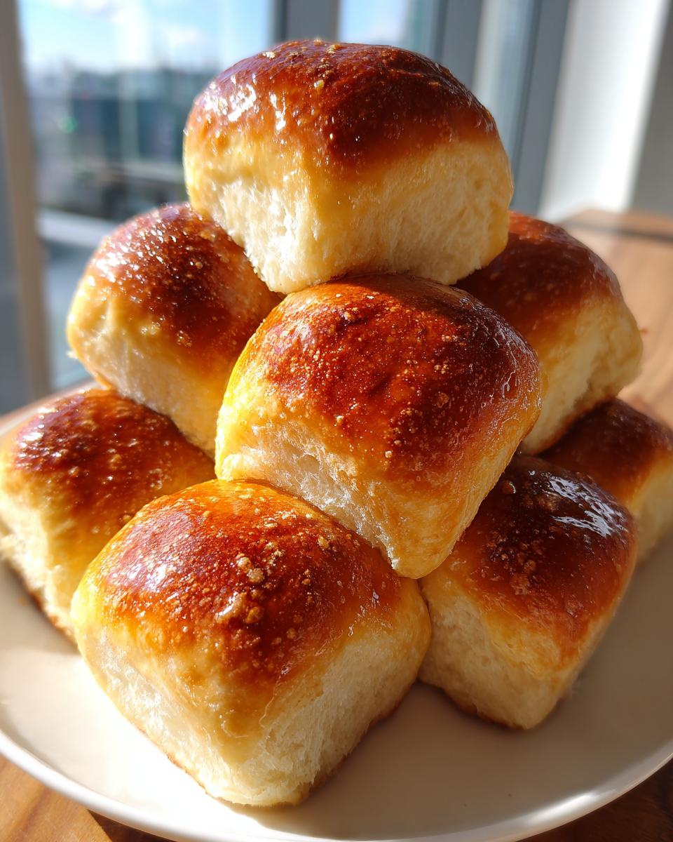 A stack of freshly baked, golden-brown dinner rolls with a shiny glaze, ready to serve.