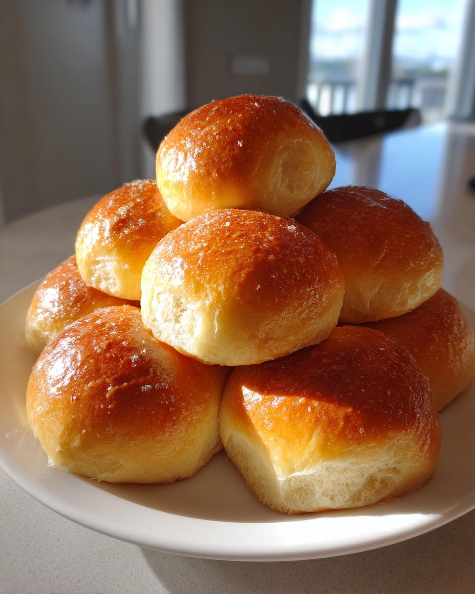 A stack of freshly baked, golden brown dinner rolls with a shiny glaze and light salt sprinkle.